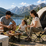 Family campsite scene with Trail Natural folding camping stool