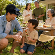 Back garden family gathering with Trail Natural folding camping stool