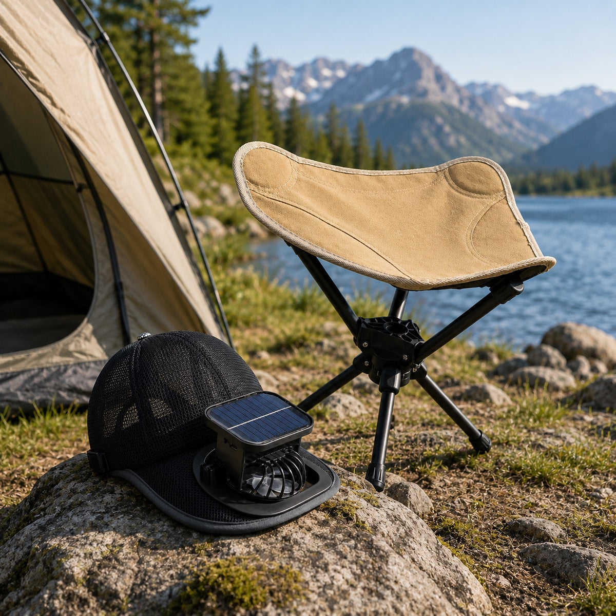 Trail Natural Festival Comfort Kit with clip fan and folding camp seat by a mountain lake