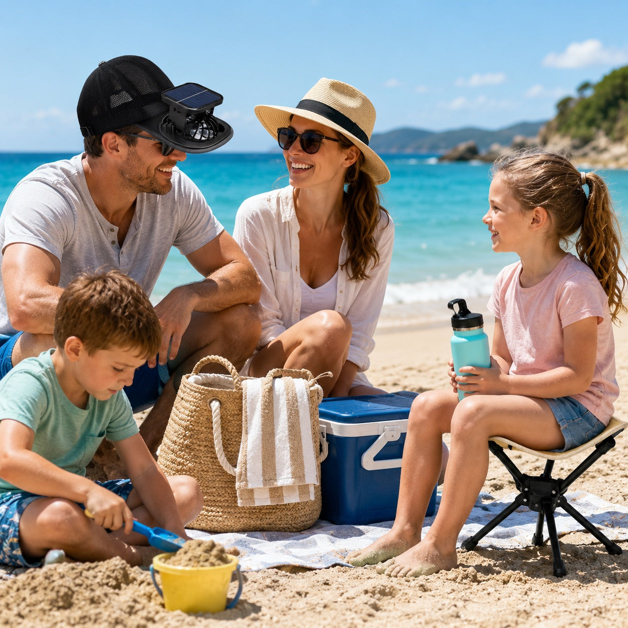 Family beach day with Trail Natural folding camp seat and clip fan
